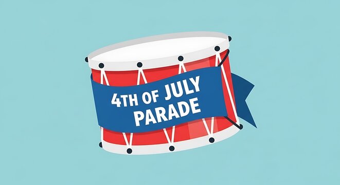 Illustration of red marching drum with blue ribbon banner for fourth of july parade celebration.