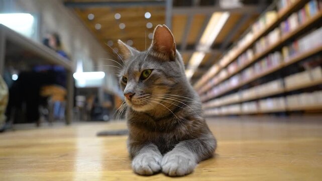 Gray Cat in the Library Video, Istabul Turkiye (Turkey)