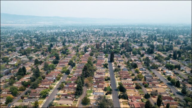 particularity. Aerial view of identical residential buildings stretching to the horizon under hazy skies. real-estate listings.
