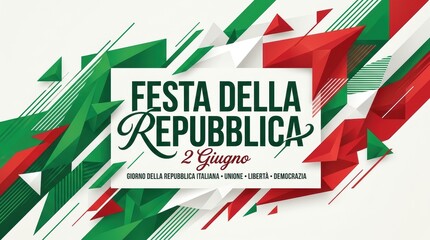 Fototapeta premium Abstract geometric design inspired by Italian flag, bold modern lettering “Festa della Repubblica”