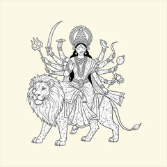Obraz premium Goddess durga riding lion with intricate details and constellation pattern.