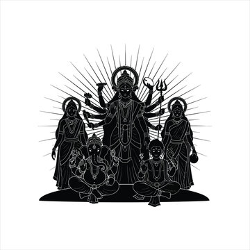 Goddess durga with family ganesha lakshmi saraswati kartikeya indian gods.