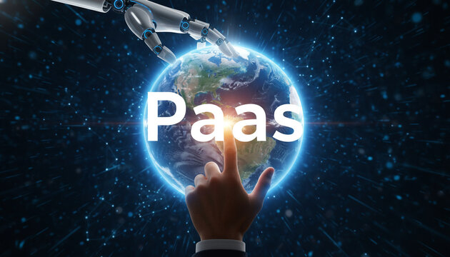 Robotic hand touching a glowing digital earth globe with paas text in space background