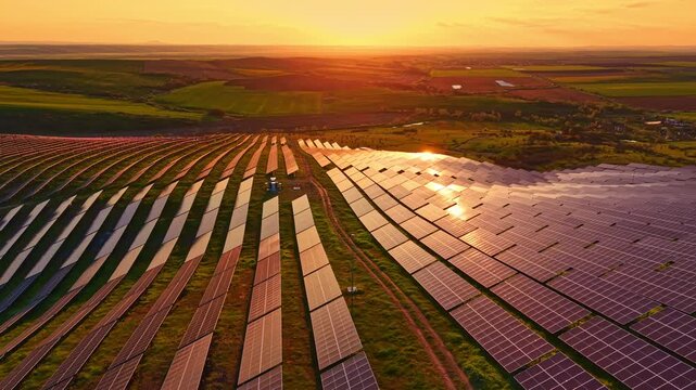 Large fields of solar panels stretch across the land as the sun sets in the background. The scene shows a commitment to renewable energy in a rural setting.