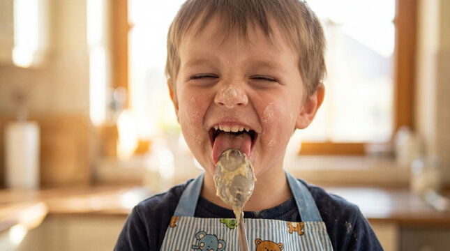 World Baking Day child licking spoon batter laughing joyful expression celebration greeting card poster banner social media design marketing campaign