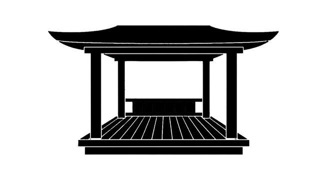 Minimal black silhouette icon, simple flat vector, bold black shape, no, no shading silhouette of a traditional korean pavilion with a wooden deck on a, flat icon style