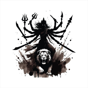 Durga maa riding lion black and white vector silhouette painting artwork for hindu festival navratri.