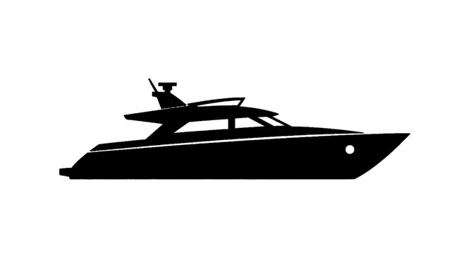 Minimal black silhouette icon, simple flat vector, bold black shape, no, no shading black silhouette of a modern luxury motor yacht on a, flat icon style