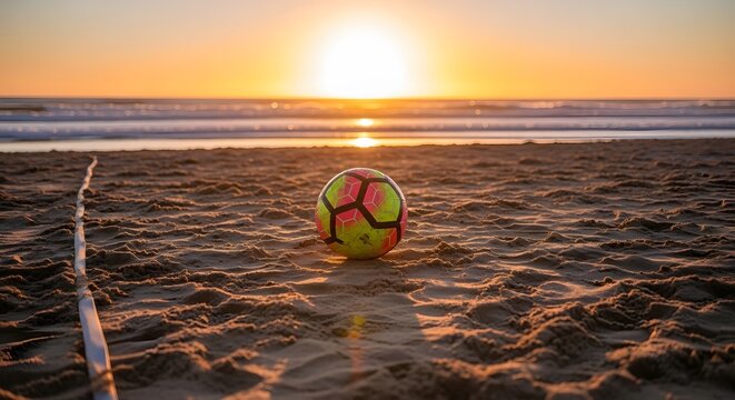 Colorful soccer ball on sandy beach with ocean waves at bright sunrise.