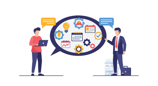 Business meeting planning workflow icons in speech bubble, team collaboration, project management concept
