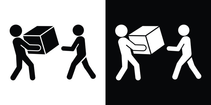 Vector icon showing a delivery person handing a package to a customer. Represents successful shipping, receiving orders, courier service, and e-commerce transactions.