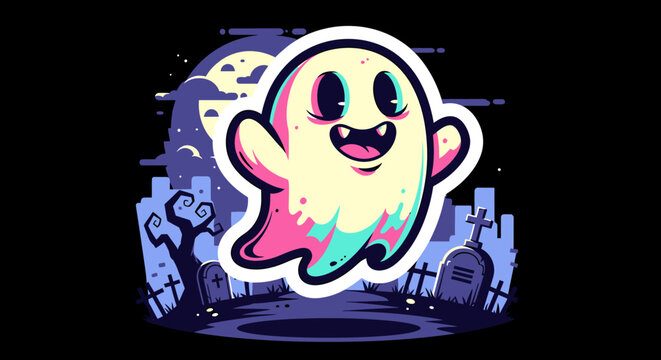 Whimsical Ghost Character, Halloween Theme, Digital Illustration, Spooky Graveyard, Cartoon Style, Vibrant Colors, Playful Concept