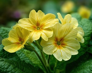 Fototapeta premium A macro photo of yellow Primula vulgaris flowers, showing the intricate vein patterns in the petals and the deep center, against a green leaf background