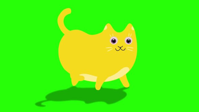 Yellow cartoon cat 4k stock animation video on a green screen background for chroma key background for video editing.