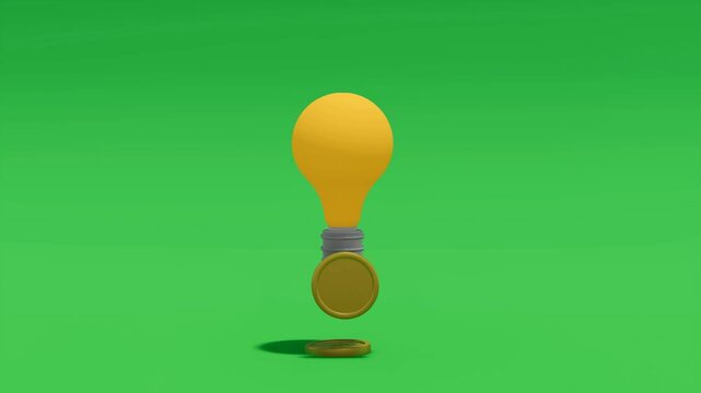 A 3D animation of a yellow lightbulb with a spinning golden coin on a green screen. This represents the concept of ideas generating money or the value of innovation and creativity in business
