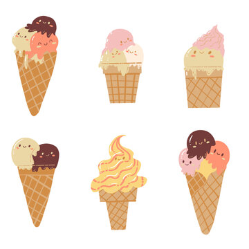 Set cute ice-creams in waffle cones. Collection of kawaii vanilla and chocolate ice creams on white background. Good for advertise, posters and nursery