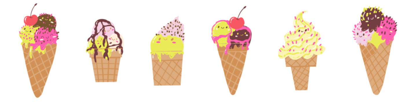 Set cute ice-creams in waffle cones with cherry and topping.  Kawaii vanilla and chocolate ice creams. Good for advertise, posters and nursery