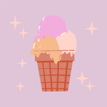 Ice-cream in waffle cone. Vanilla ice cream. Good for advertise, posters and nursery