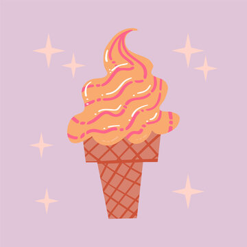 Ice-cream in waffle cone. Vanilla ice cream. Good for advertise, posters and nursery