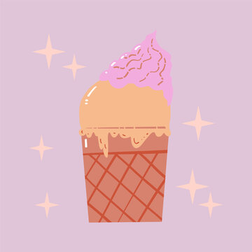 Ice-cream in waffle cone. Vanilla ice cream. Good for advertise, posters and nursery