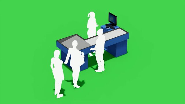 This animated video shows white silhouette people at a blue retail checkout counter with a cashier on a green screen. Ideal for business, shopping, and customer service concepts.
