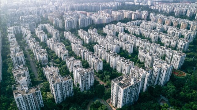 particularity. Aerial view of identical residential buildings stretching to the horizon under hazy skies. real-estate listings.
