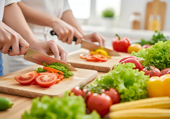Naklejka premium Family cooking together a vibrant scene of shared meal preparation in a bright kitchen environment