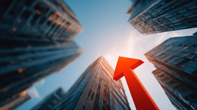 Arrow rising above skyscrapers