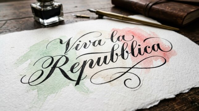 Luxury ink calligraphy close-up, phrase &ldquo;Viva la Repubblica&rdquo;, thick and thin strokes, textured paper, artistic shadows, subtle Italian tricolor