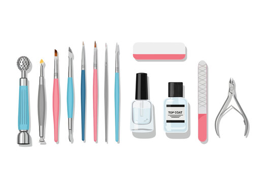 A collection of various nail care tools and cosmetics arranged on a surface