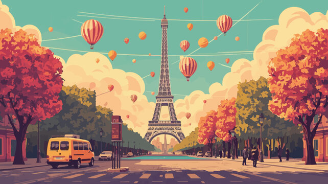 template vector Paris view element  cartoon with flat Design
