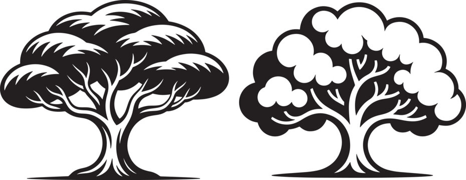 Two stylized trees silhouette with silhouette environment branches illustration botanical