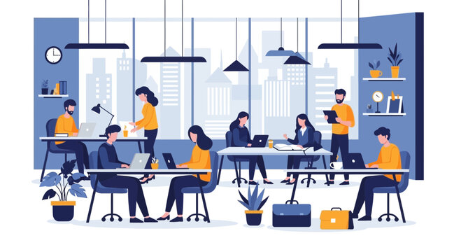 Modern office interior with diverse people working at desks, busy workplace environment