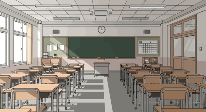 Empty Classroom Interior with Desks, Chairs, and Blackboard - Anime Style