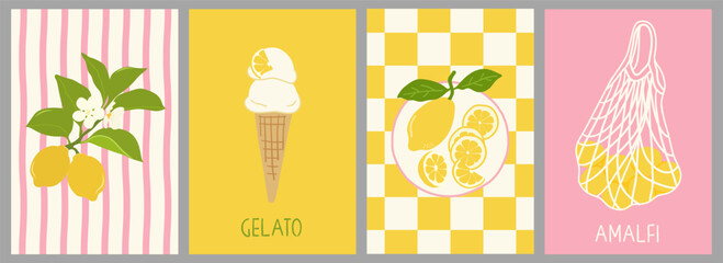  Italian summer coastal greeting cards set with Mediterranean lemon, gelato, lemon plate and market bag. Hand drawn travel posters. Amalfi style poster collection © Huma Fida