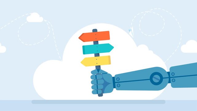 Machine learning. Bot with AI give decision, choose alternative pathway, choice, deciding, find right solution. Robot hand hold road sign with arrows or ways of development. 2d flat animation