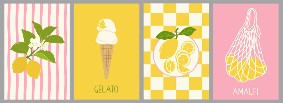  Italian summer coastal greeting cards set with Mediterranean lemon, gelato, lemon plate and market bag. Hand drawn travel posters. Amalfi style poster collection