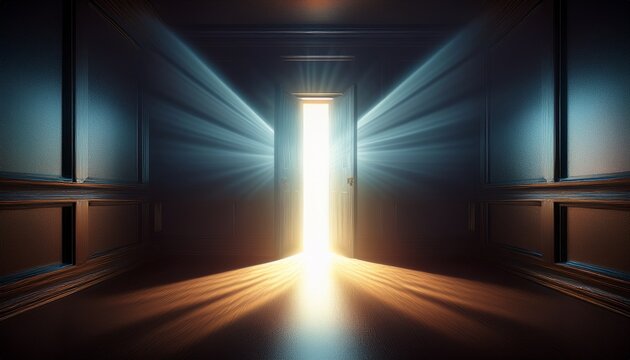 light beam shining through a narrow door opening into a dark room creating a strong contrast symbolizing hope opportunity and new beginnings