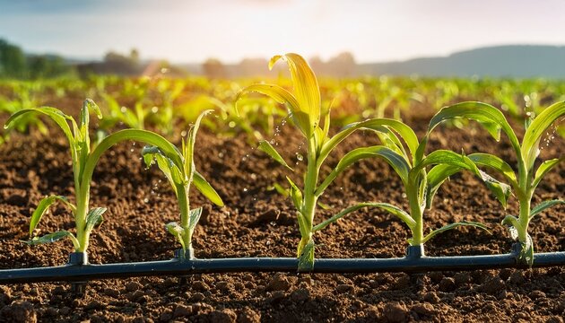 close up of drip irrigation system watering plants in the field
