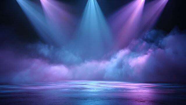 Abstract stage with vibrant spotlights and atmospheric fog