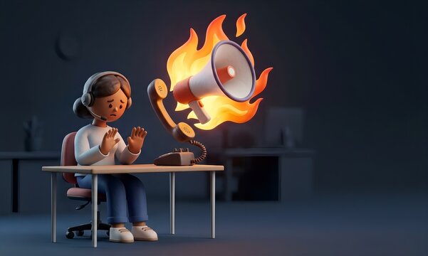 Distressed diverse operator apologizing to flames and a megaphone coming out of a phone receiver, customer harassment and angry complaint concept, 3d clay animation style