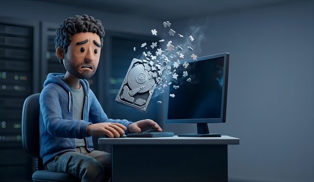 Devastated diverse IT engineer looking at a shattering hard disk drive, data loss and forgotten backup concept, 3d clay animation style