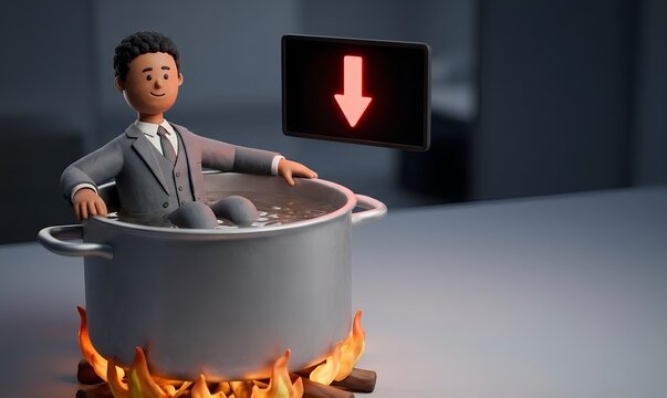 Relaxed diverse executive sitting in a heating pot of water ignoring a red downward arrow, boiling frog syndrome and complacency concept, 3d clay animation style