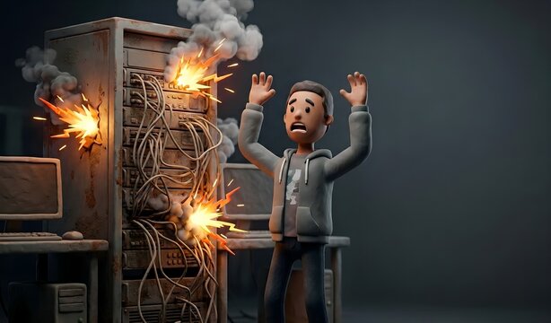 Panicked diverse IT administrator watching sparks fly from a rusty, outdated server rack, legacy system and technical debt concept, 3d clay animation style