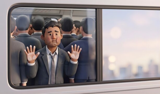 Exhausted diverse employee pressed against a train window by a massive crowd, packed commuter train and urban stress concept, 3d clay animation style