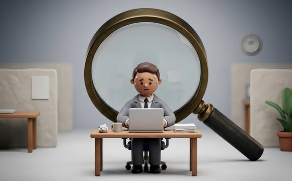 Stressed diverse employee working at a desk being watched by a giant magnifying glass from behind, micromanagement concept, 3d clay animation style