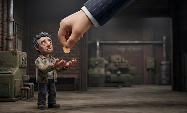 Giant hand giving a tiny blank coin to a despairing diverse factory owner, subcontractor bullying and unfair pricing concept, 3d clay animation style