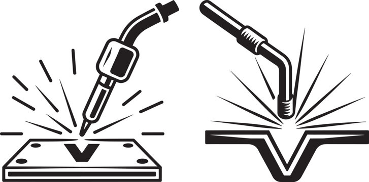 Vector illustration of welding torches creating sparks with metalwork industry fabrication manufacturing equipment construction engineer