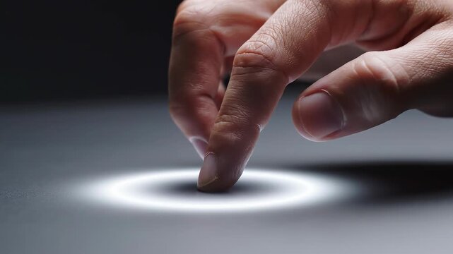 Human finger activating invisible responsive surface with subtle light interaction