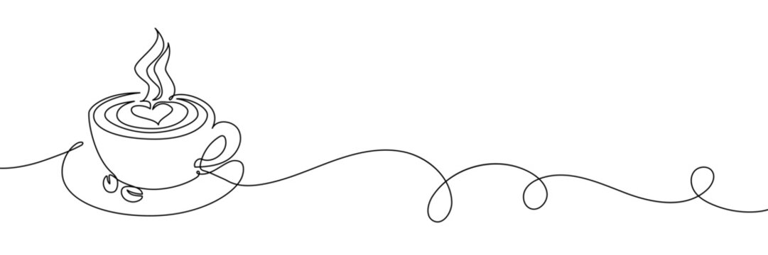 Continuous one line coffee vector design art illustration cup drawing isolated. Coffee cup art icon abstract hand graphic background cafe white black concept silhouette breakfast logo creative food